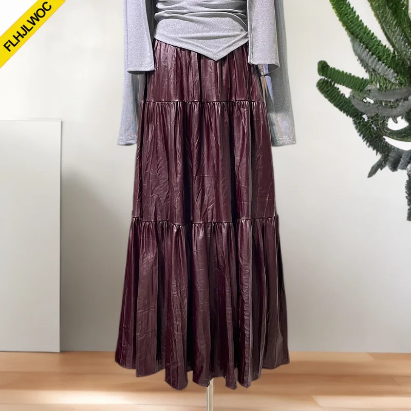 Winter Skirts All-Match New Year Girls Women Elastic High Waist Red Black Fake Leather Pu Long Skirt