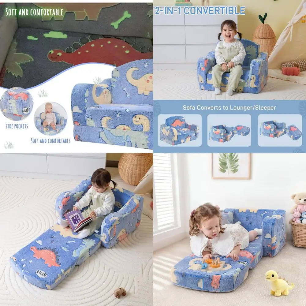 

Convertible Toddler Sofa and Lounger, Plush 2-in-1 Chair for Kids