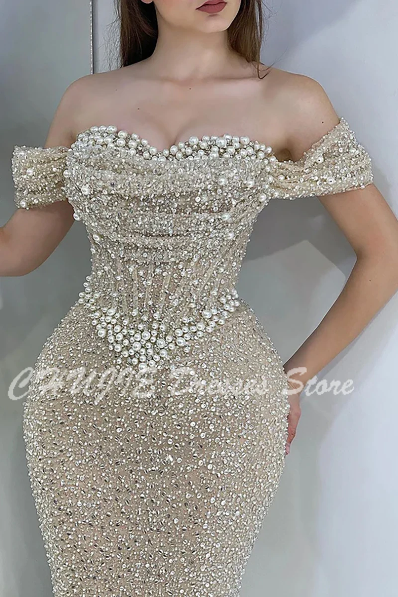 ที่กําหนดเองแขนกุดยาวประกายชุดปาร์ตี้ปิดไหล่ Sweetheart Mermaid ชุดราตรีเพิร์ลแน่นงานแต่งงานชุดเจ้าสาว