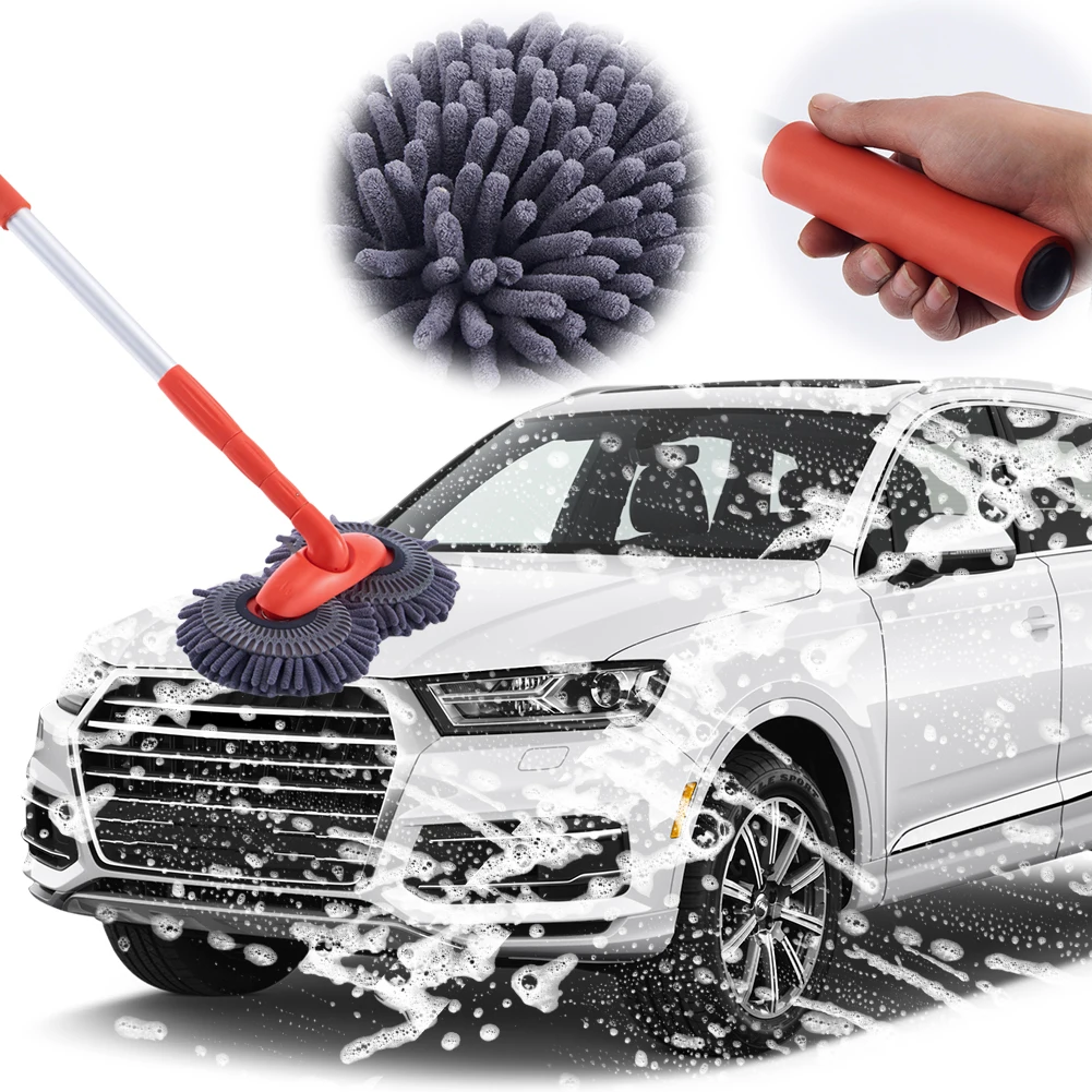 Rotating Double Brush Head Car Wash Mop Auto Supplies Three-Section Telescopic Mop Roof Window Cleaning Maintenance Accessories