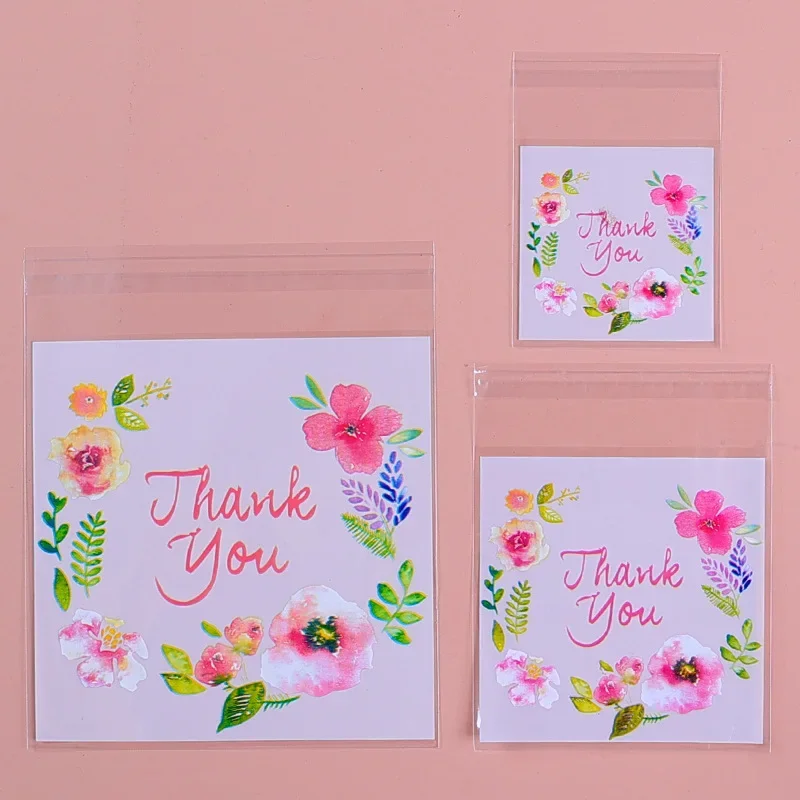 

100pcs/lot Plastic Bags Thank you Flower Self-Adhesive Bags for Homemade Cookie Party Gifts Bag DIY Jewelry Packaging Bag