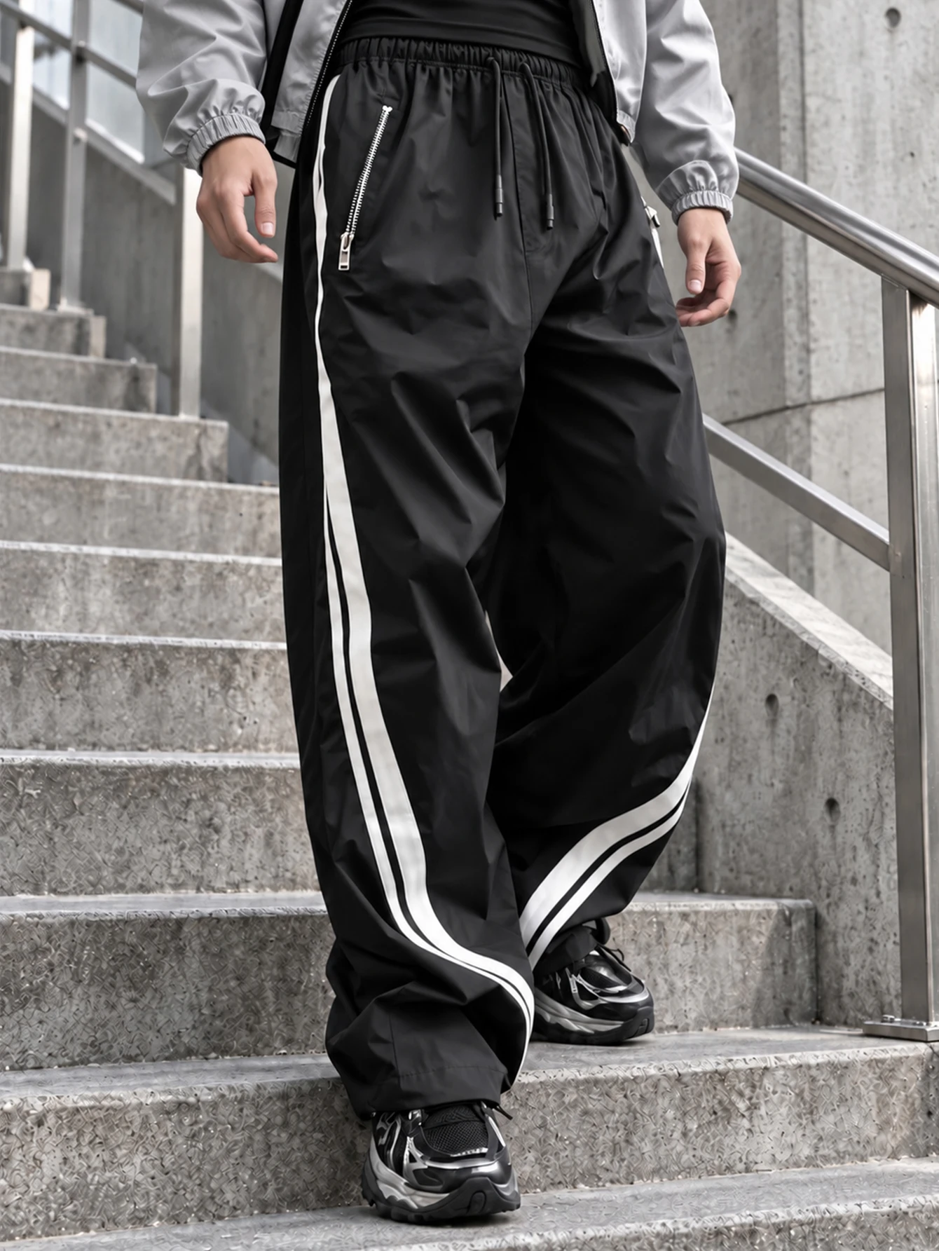Men's Black Wide Leg Track Pants with White Side Stripes, Drawstring Waist, Zip Pockets, Casual Streetwear Trousers