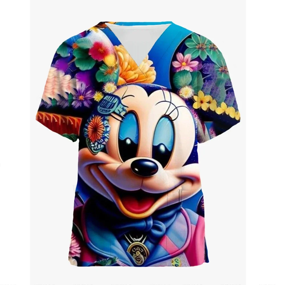 Disney Minnie Pet Hospital Work Clothes Women Short-sleeved Tops Stretch Nurse Uniform Dental Clinic Mickey Mouse Surgical Gown