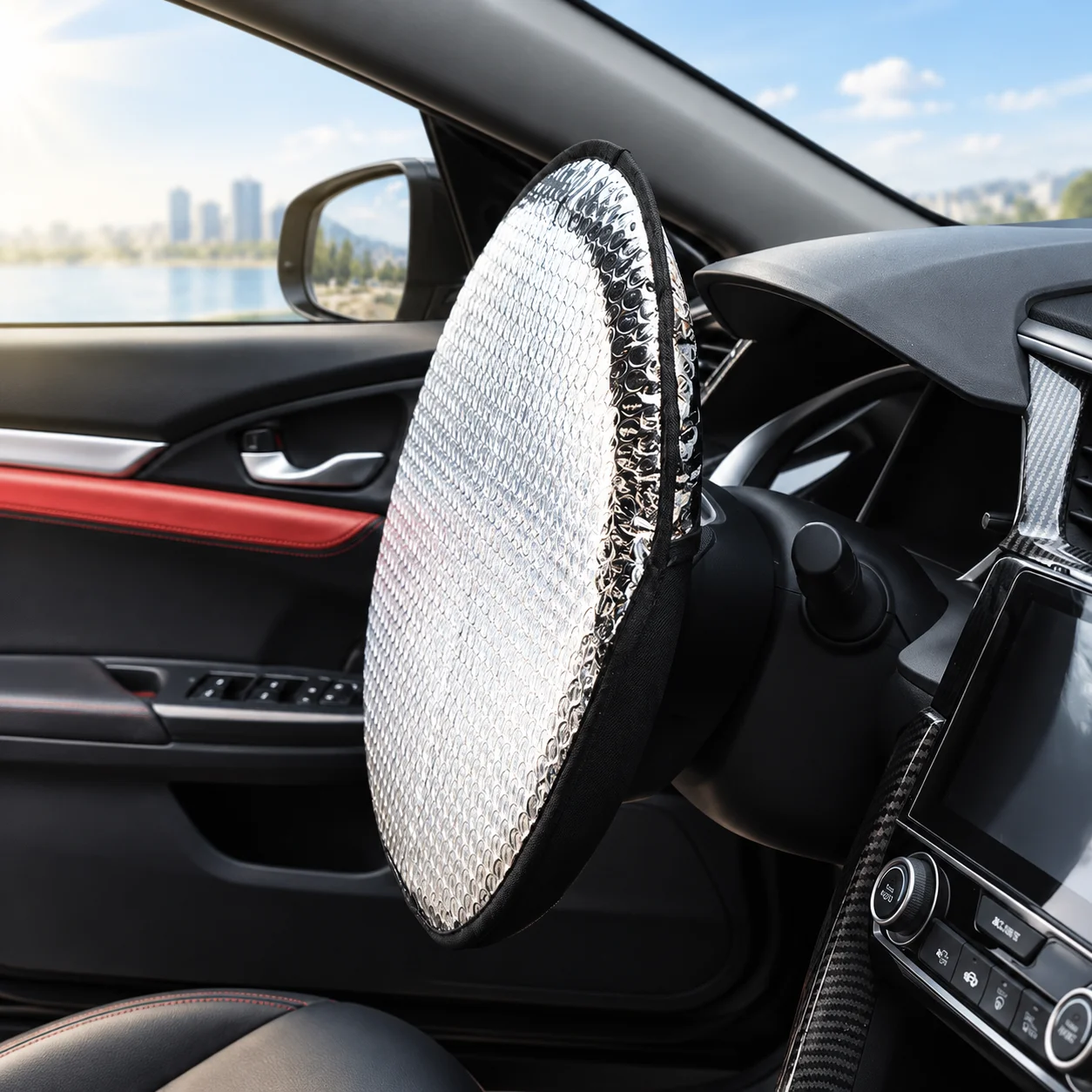Universal Car Steering Wheel Heat Shield, Aluminum Foil UV Protection Cover, Foldable High Temperature Insulation Accessory