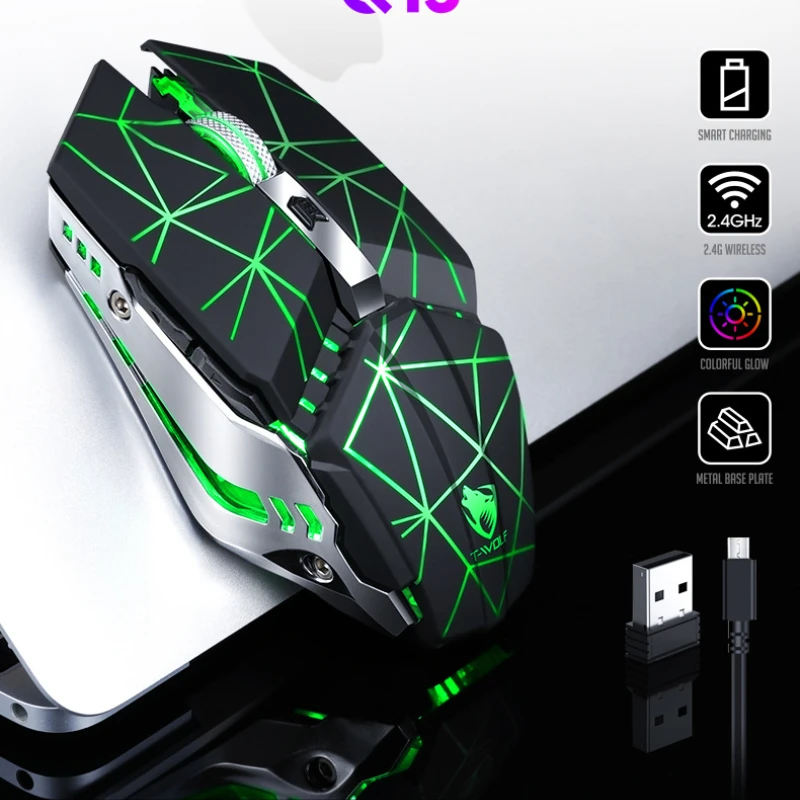 4เกียร์DpiปรับThunder Wolf Q15ชาร์จเมาส์ไร้สายแล็ปท็อปอุปกรณ์ต่อพ่วงสำนักงานเกมเมาส์USB