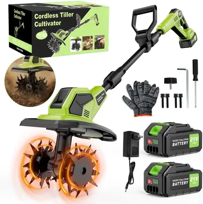 

Cordless Tiller Cultivator 21V Lightweight Tiller for Gardening with 2 Batteries Brushless Electric Tiller with 48 Steel Tines