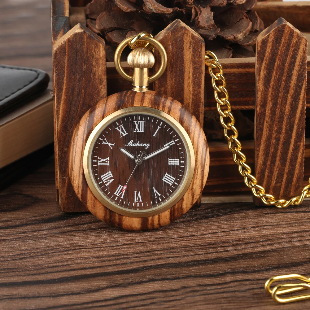 Vintage Open Face Roman Numerals Display Quartz Pocket Watch Wooden Case Luxury Pendant Steampunk Clock with Golden 30 cm Chain