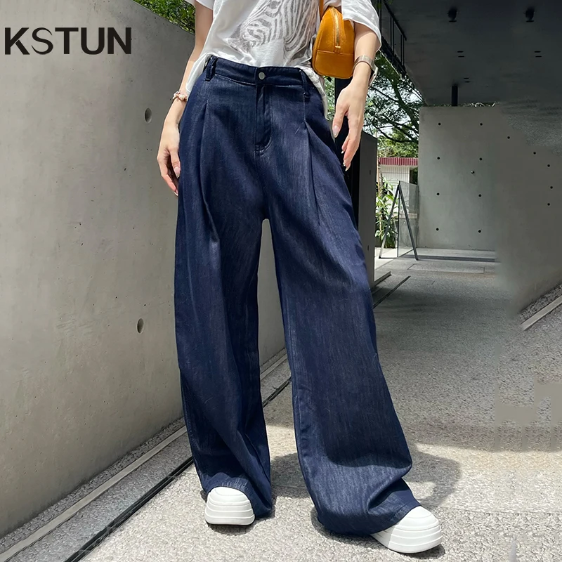 

KSTUN 2025 Summer Thin Women Jeans Wide Leg Baggy Pants High Waist Dark Blue Soft Dragging Pants Womens Clothing Long Trousers