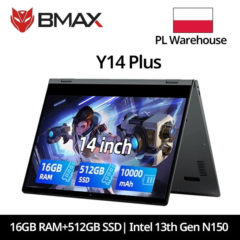 Laptop BMAX Y14 Plus 14 cali, Windows 11, 16GB RAM, 512GB SSD, 1920*1080 IPS LCD, Intel N150, komputer z USB Type-C