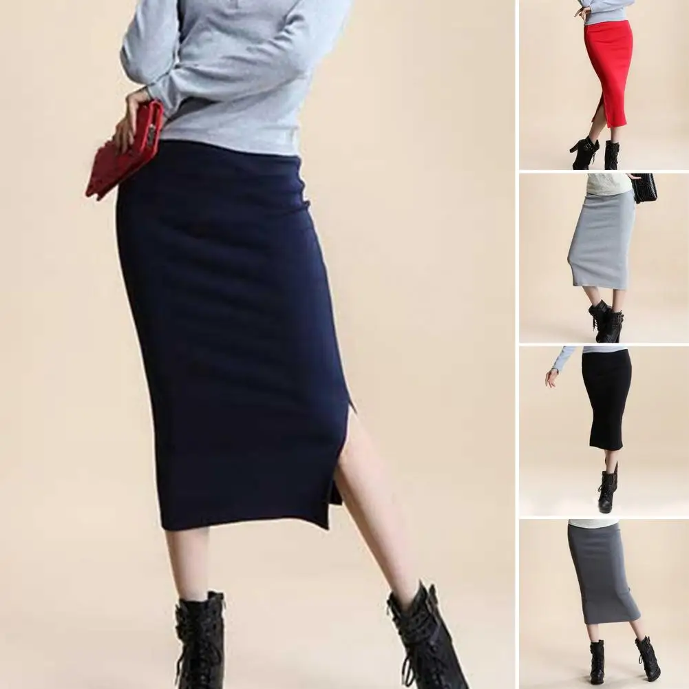 

１Pc Soft Women Midi Skirt Elegant Knitting Women's Midi Skirt with Back Split Design Hip-hugging Style Office Skirt for Ladies