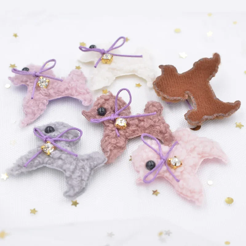 6Pcs Teddy Plush Padded Patches Rhinestone Bow Stick-on Cute Dog Appliques for Clothes Hat Leggings Sewing Supplies Ornament