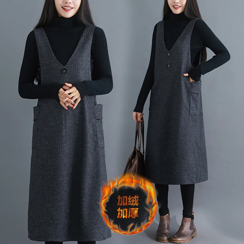 

2024 Autumn Winter Thiened Fce Lined V-Ne Midi Dr with oulder Straps Simple Loose Sle Faionable Commute Design