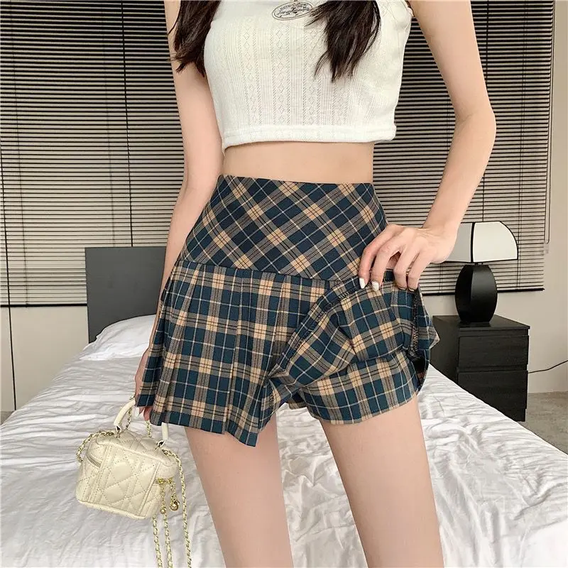 Latest Trendy Summer American College Retro Style Girl Pleated Skirts Long Slits Short Dresses Contrasting Plaid Lining Women's