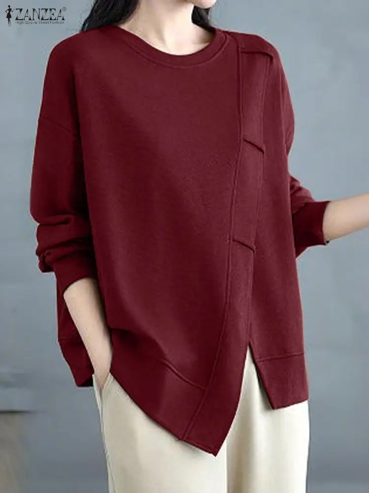 

ZANZEA, женские модные толстовки с диагональной планкой, весна 2026, однотонные пуловеры с длинными рукавами и круглым вырезом, асимметричный подол, женская одежда