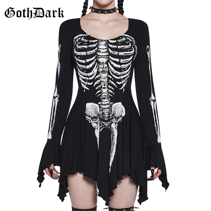 Goth Dark Mall gaun Mini motif tengkorak Anime Gotik gaun Hem tidak beraturan lengan Flare estetika Alt wanita ramping