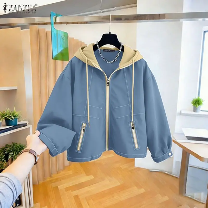 

ZANZEA женские куртки большого размера, модные осенние толстовки с длинными рукавами, пальто с капюшоном на молнии, повседневные свободные лоскутные толстовки женские