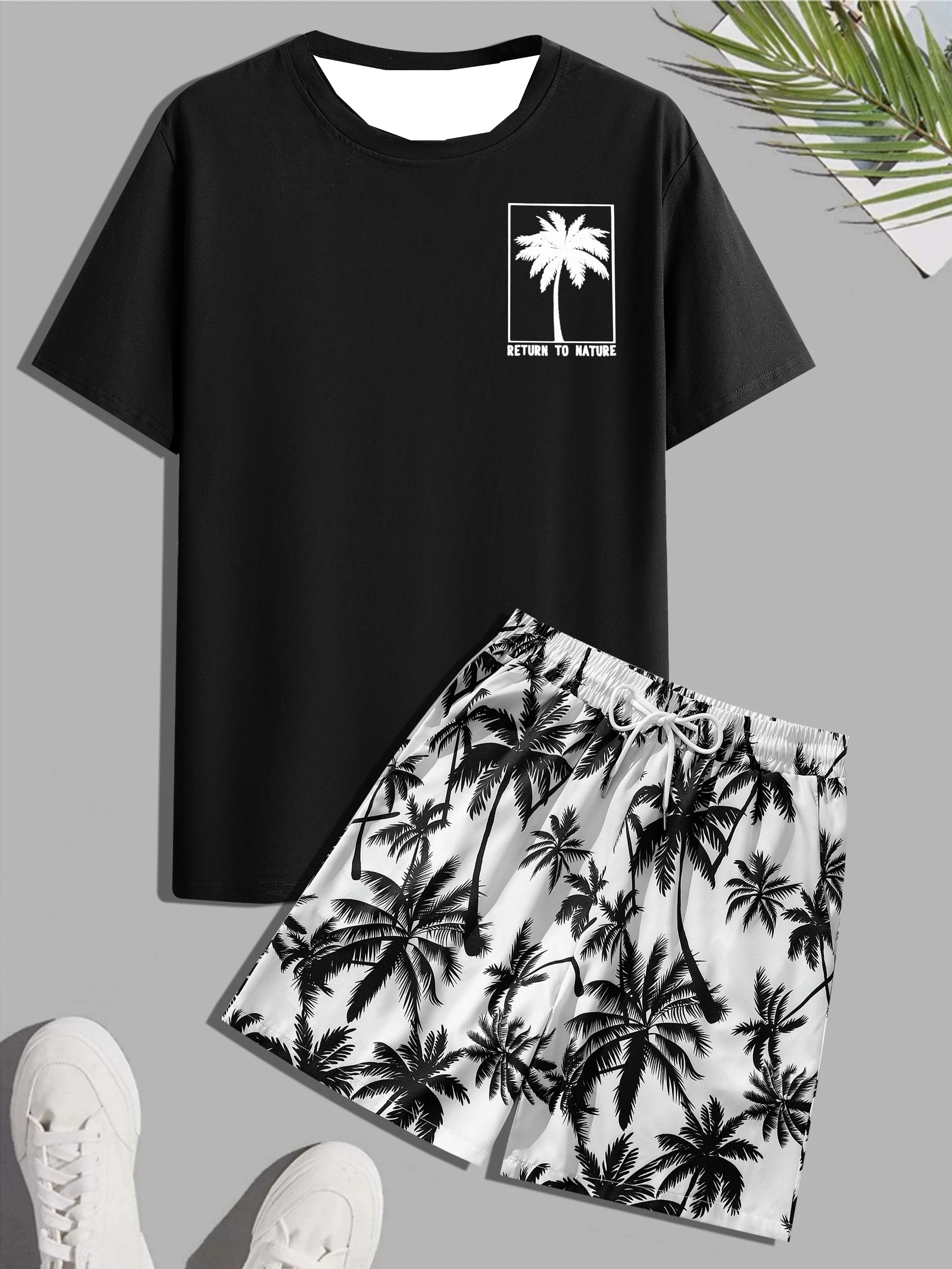 

2026 Summer New Men's White Palm Tree Print Beach Shorts Y2K Oversized Casual Suit Suitable for Daily and Training Wear