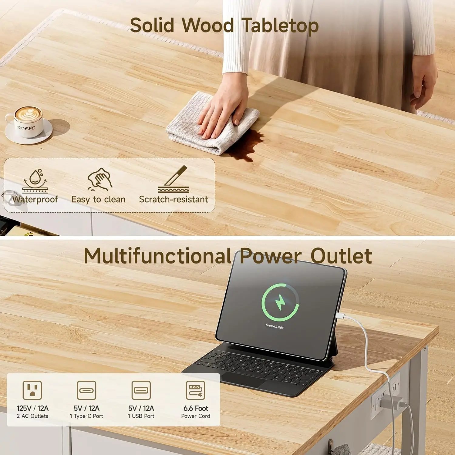 59" Kitchen Island with Storage, Solid Rubberwood Tabletop | Island Table with Power Outlet, 2-Tier Open Shelves, 3, Customized - view 5