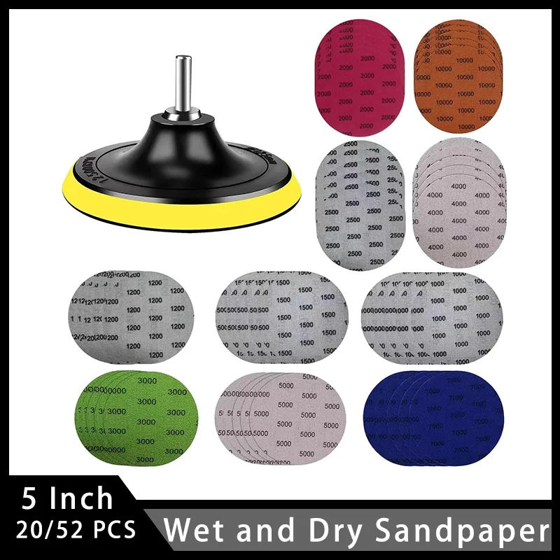 5 Inch Wet and Dry Sandpaper with Sanding Plate 20/52 Pcs for Wood Furniture Finishing Metal Polishing Car Headlight Restoration