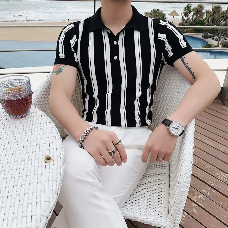 

Men 2023 Summer Fashion Lapel Short Sleeve Tops Men's Contrast Color Stripe Polo Shirts Male Slim Casual Knitted T-shirts V33