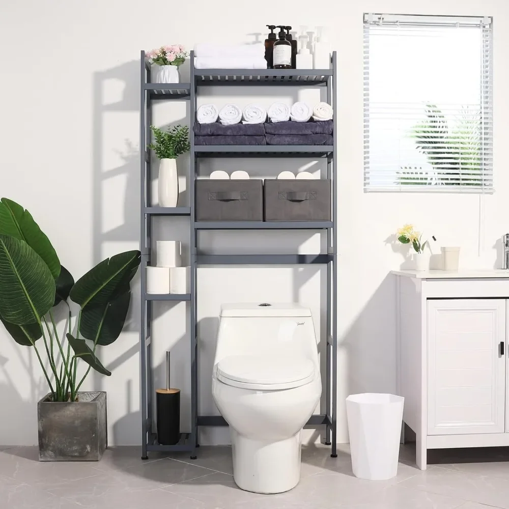 Over The Toilet Storage with Basket and Drawer, Bamboo Bathroom Organizer with Adjustable Shelf & Waterproof Feet Pad