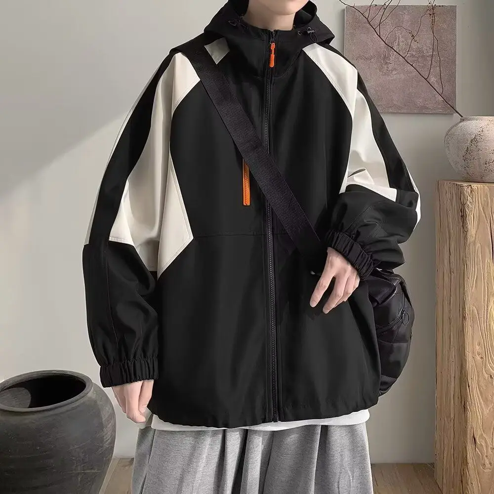 

American Sle Casual Men's Jaet Spring Autumn Trendy Splicing Hat Vintage Loose Workwear Coat Youth ular Polyester