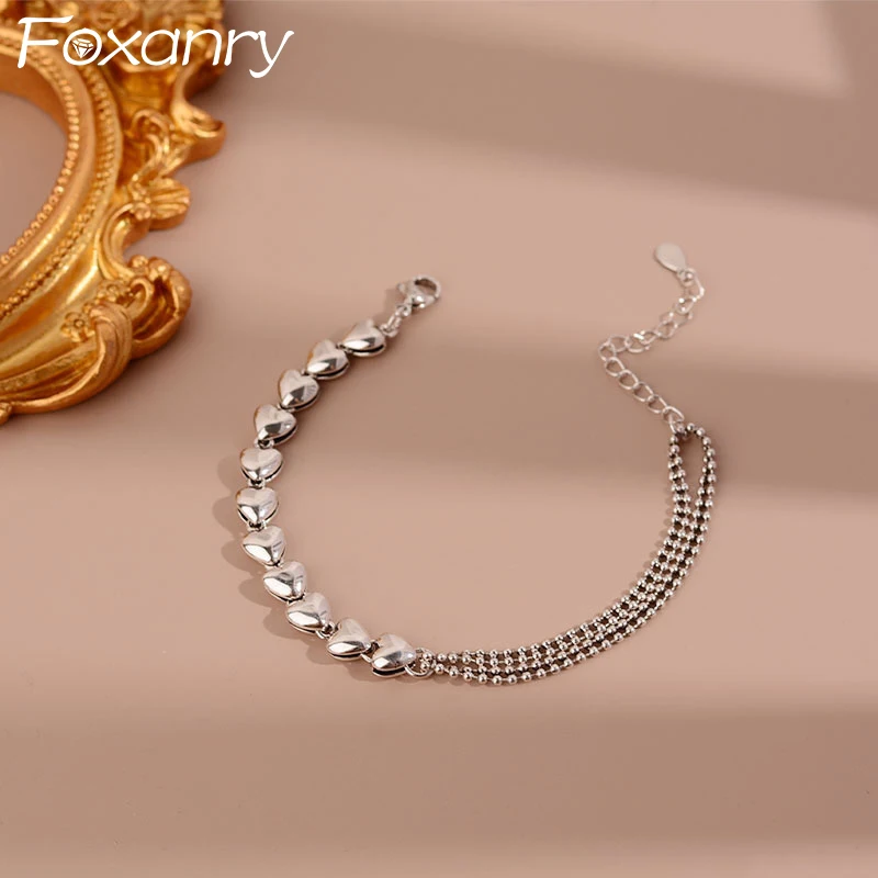 FOXANRY Spring New Silver Color LOVE Heart Brcacelet for Women Couples Trendy Elegant Patchwork Chain Party Jewelry Gifts