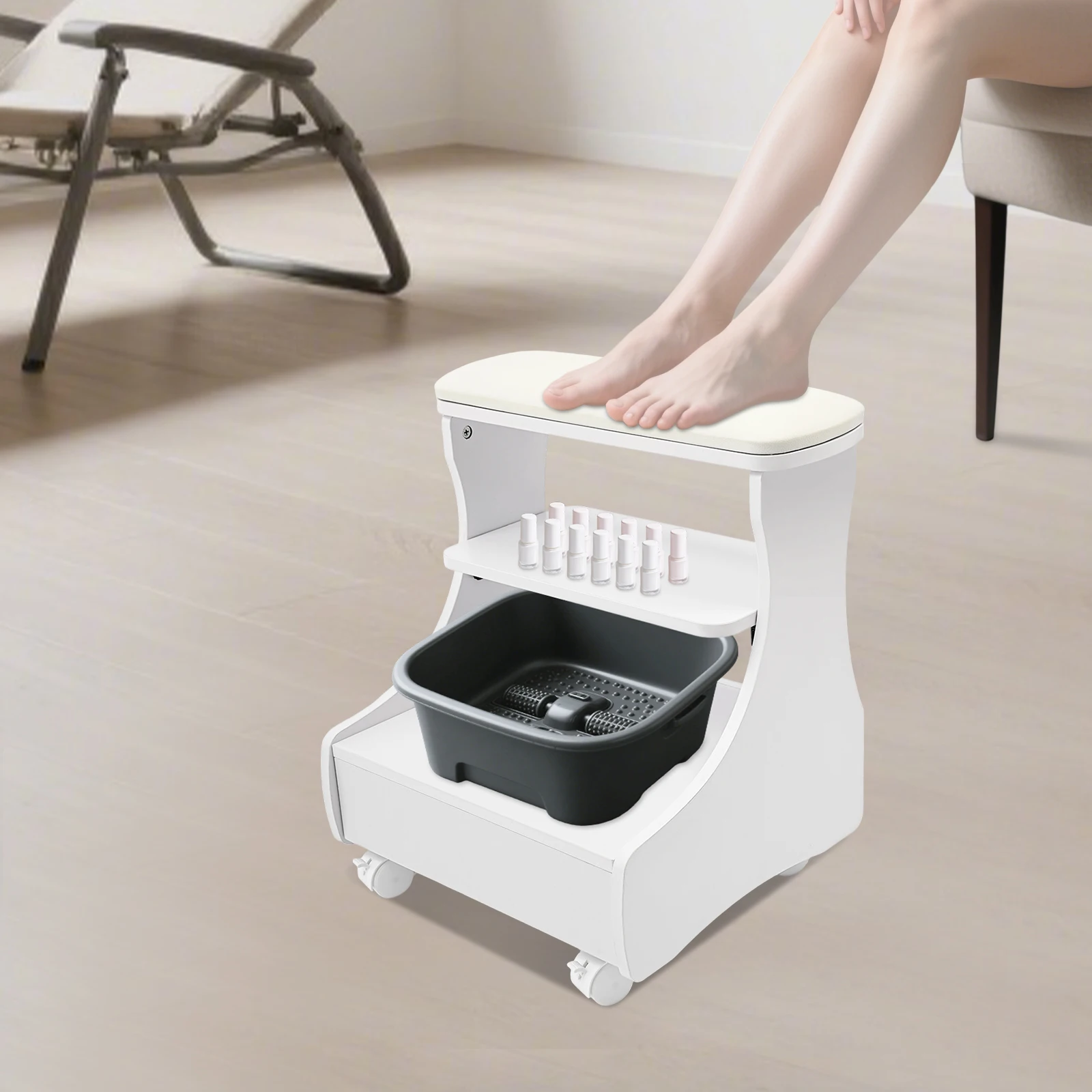 Tabouret de bain de pieds moderne sur pieds avec roulettes, durable et robuste, multifonctionnel pour bain de pieds/manucure des pieds