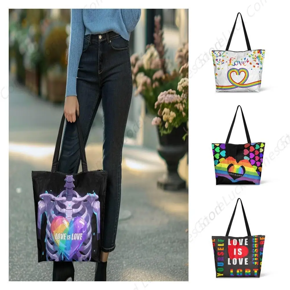 

Бумажная большая сумка Gary Rainbow Pride с длинными ручками, новинка, большая сумка через плечо с принтом скелета ЛГБТ, красочные сердечки на молнии, большая