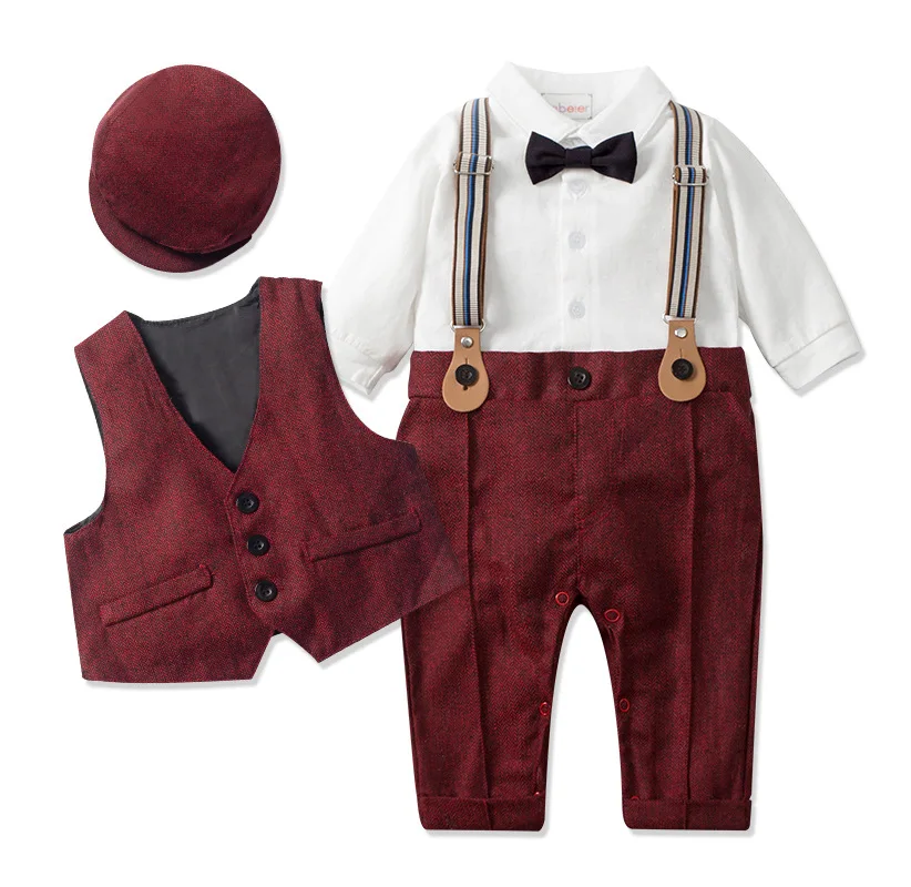 Tenues de gentleman pour bébés garçons, vêtements de printemps et d\'automne pour enfants, barboteuses une pièce, veste et chapeau imbibés