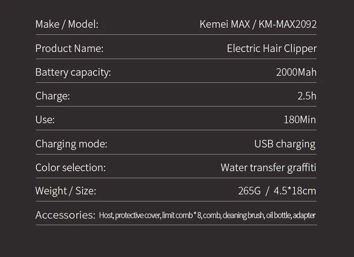 Kemei Rechargeable Graffiti Pattern Electric Hair Clipper Professional Barber Trimmer Man Shaver Km-MAX2092 KM-MAX5090 KM-RS7098