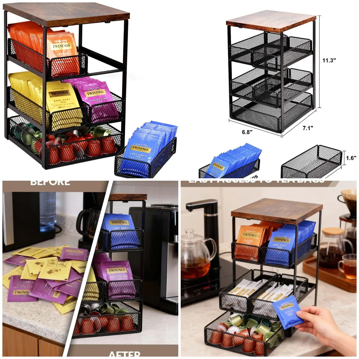 

Tea Bag Organizer with 5 Drawers, Wooden & Metal Storage Rack for Tea Bags, Coffee Pods, Sugar & Creamers – Compact Countertop H