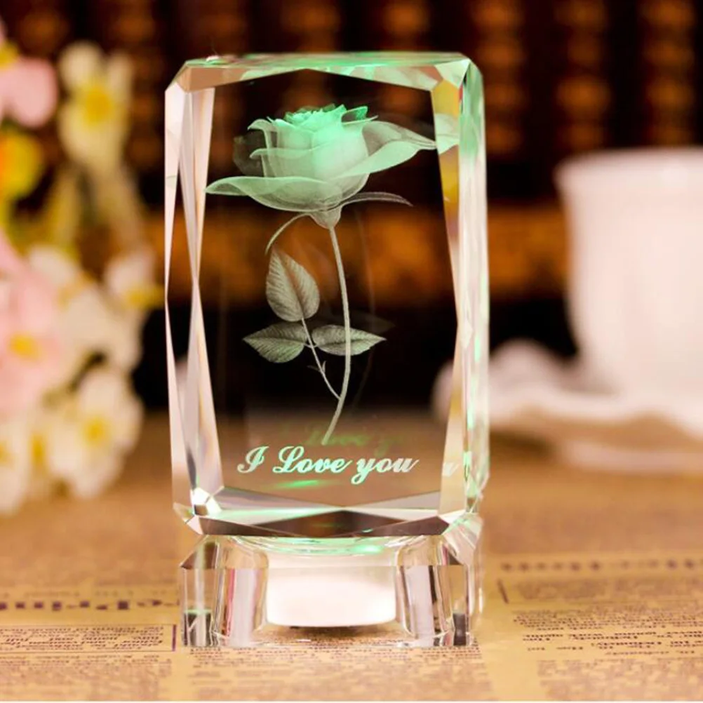 

Crystal 3D Rose Flower Engraved Glass I Love You Base Ornament Gift for Special Occasions Romantic Home Decor Crystal Rose