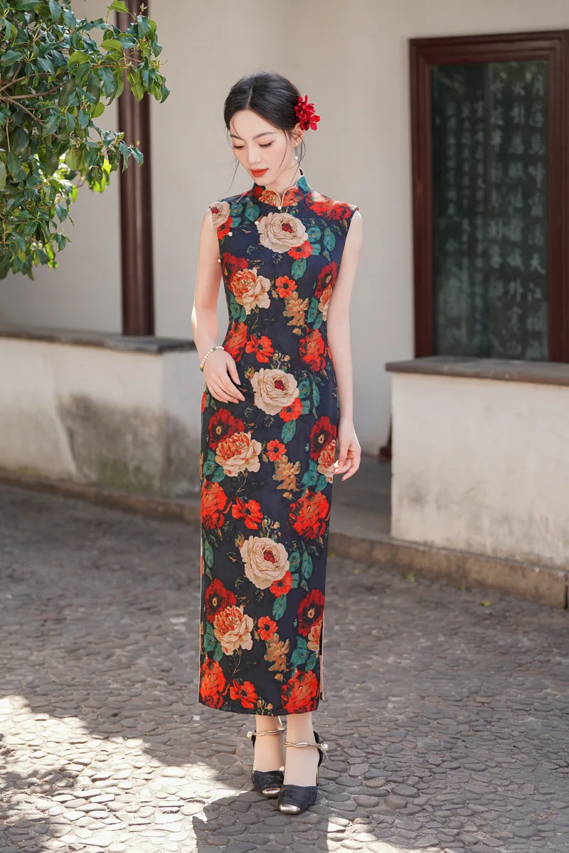 

Sexy Sleeveless Print Flower Satin Cheongsam Daily Chinese Style Summer Elegant Young Style Retro Improved Dress Qipao