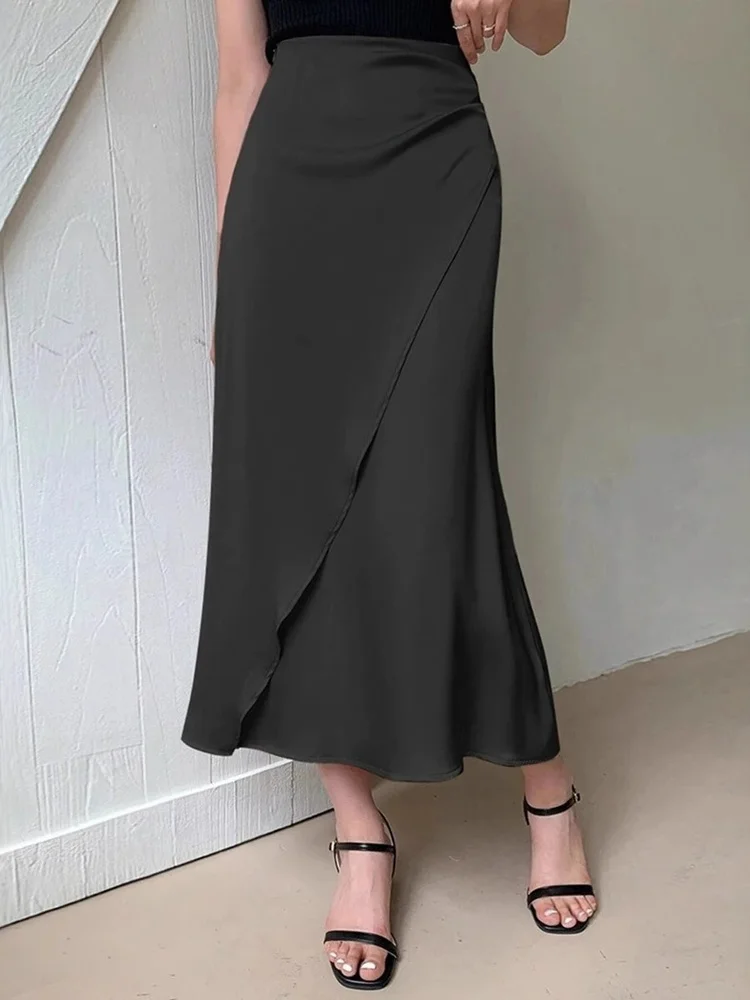 

Шелковая атласная юбка миди из искусственного шелка, новая модель, с завышенной талией, А-силуэт, для повседневной носки, летняя, длинная