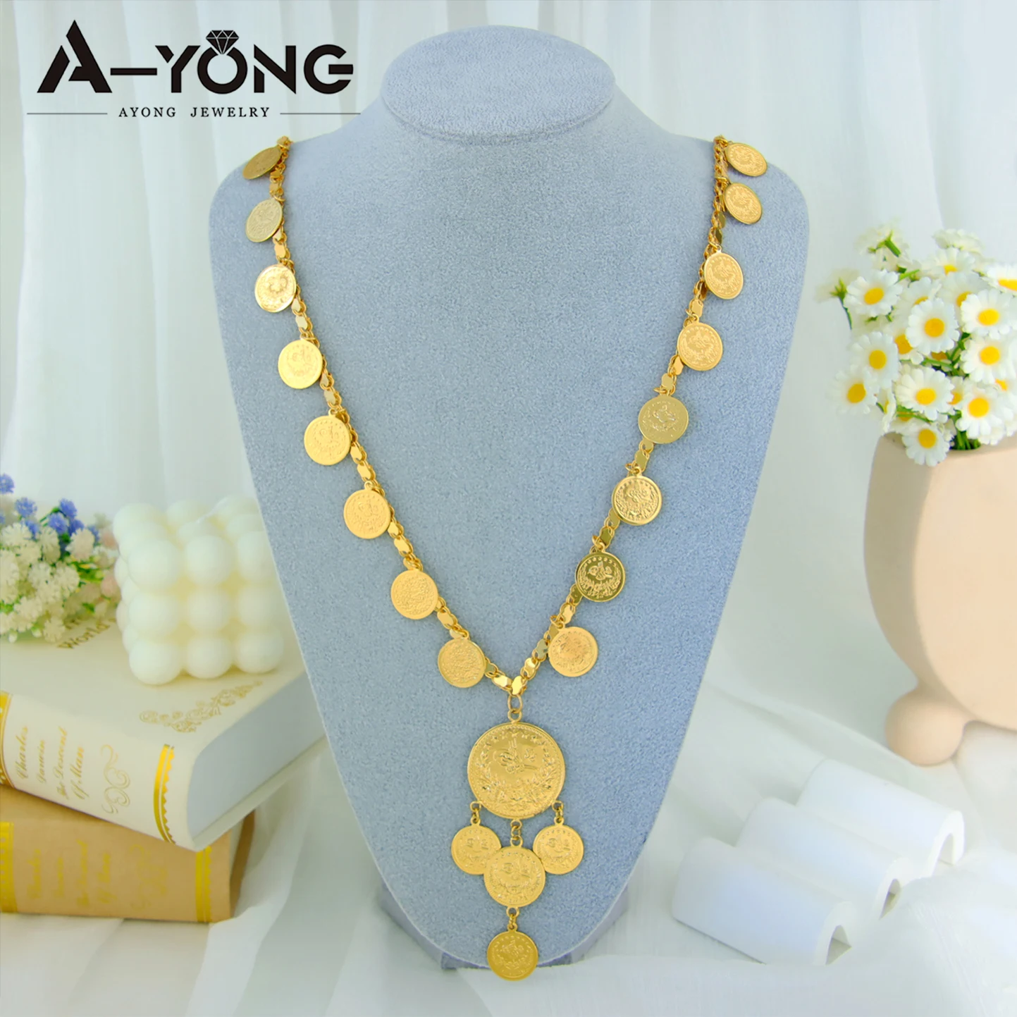 

Arab Women Luxury Wedding Long Necklace 24k Gold Plated Turkish Coin Fashion Chains Nigeria Bridal Banquet Gold Jewelry