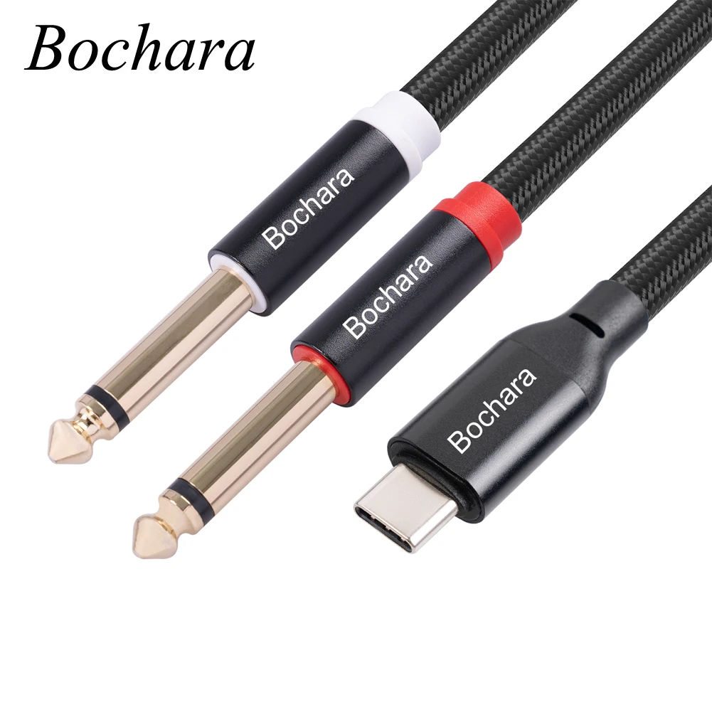 Bochara Braided Type C to Dual 6.35mm Jack OFC Audio Cable Built-in Digital IC Chipset Foil+Braided Shielded 1m 2m 3m