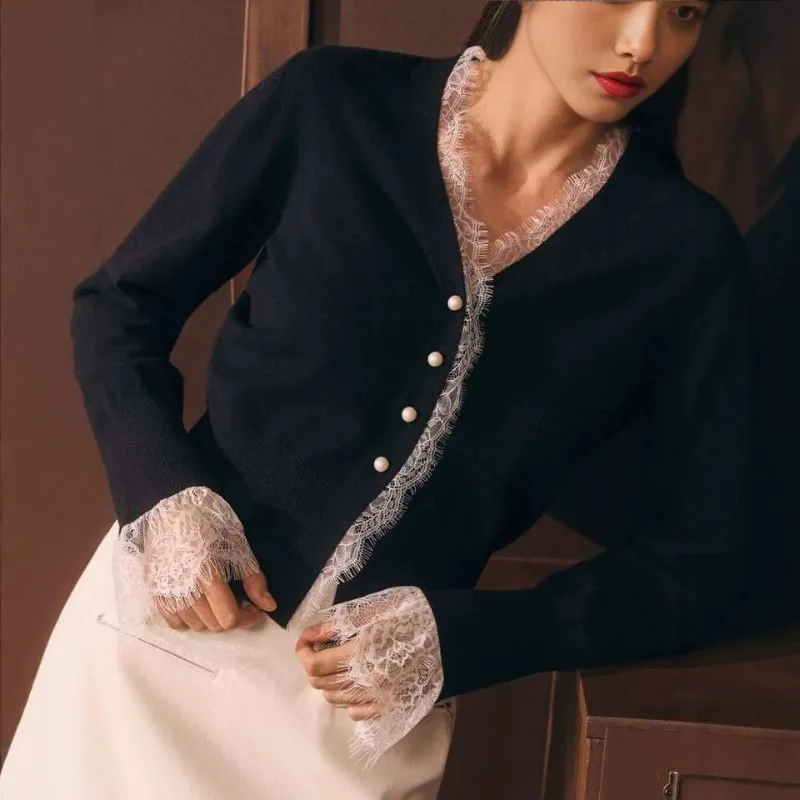 Tuularose Women's Fashion Cardigan Elegant Lace Color Block Patchwork Cardigan Casual Commute Vintage Chic Daily Female Cardigan