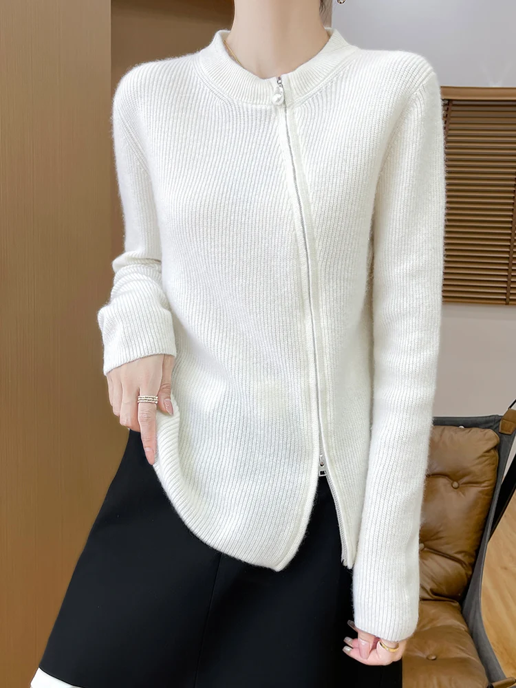 

New Chic Women Zipper Cardigan Wool Sweater O-neck Long Sleeve 100% Merino Wool Knitwear Autumn Winter Korean Popular Short Coat