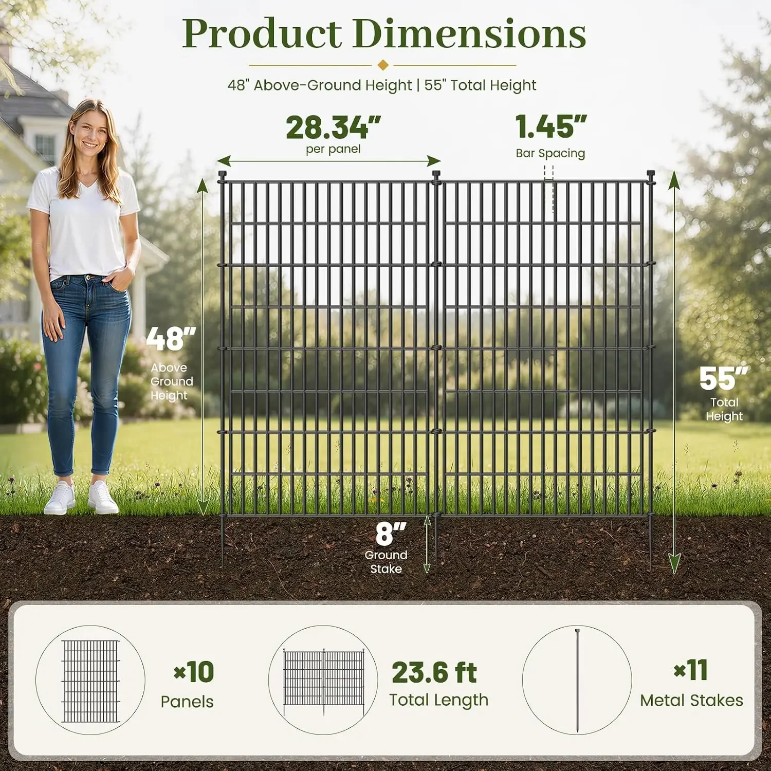 No Dig Garden Fence Outdoor for Yard, 48in (H) x 23.6ft(L) | 10 Panels with Gate Animal Barrier Fence, Rustproof Metal Temporary