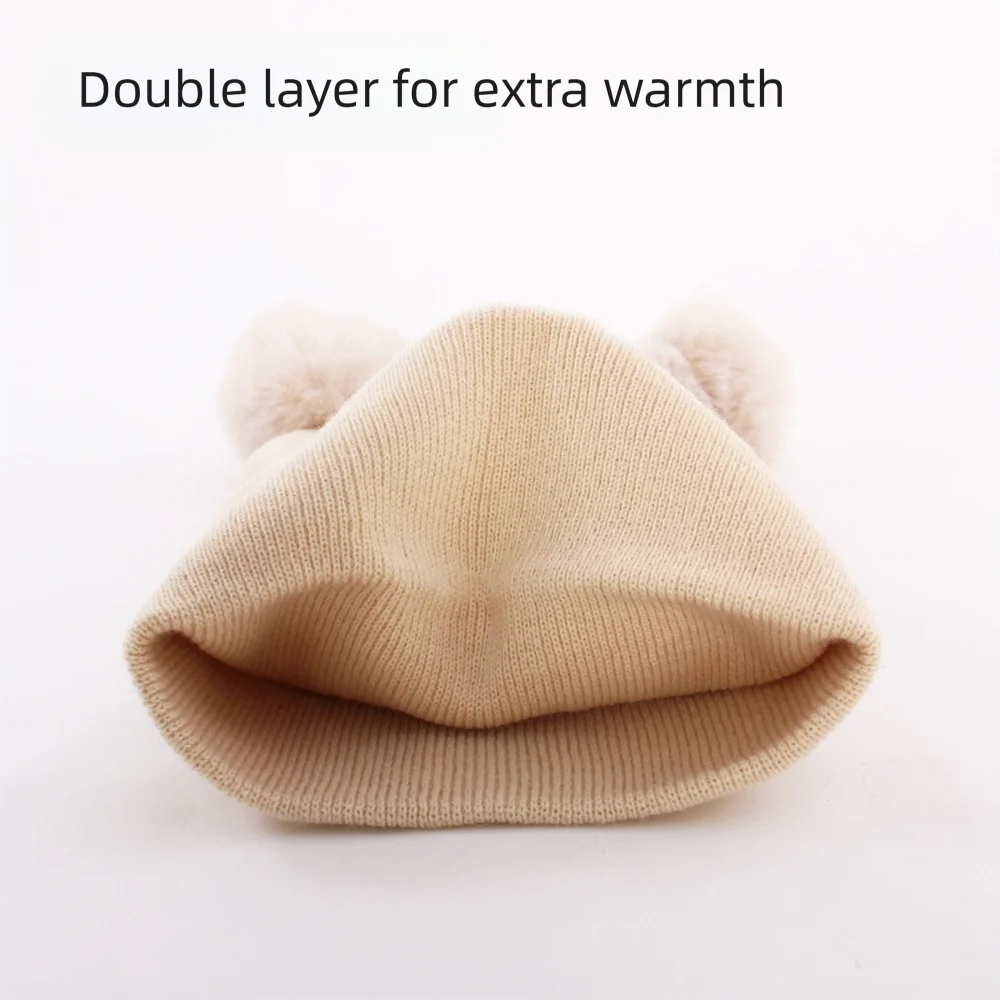 

Cute Cartoon Embroidered Knitted Hat Double Pompom Windproof Ear Protection Caps Cold Proof Head Full Face Neck Cover