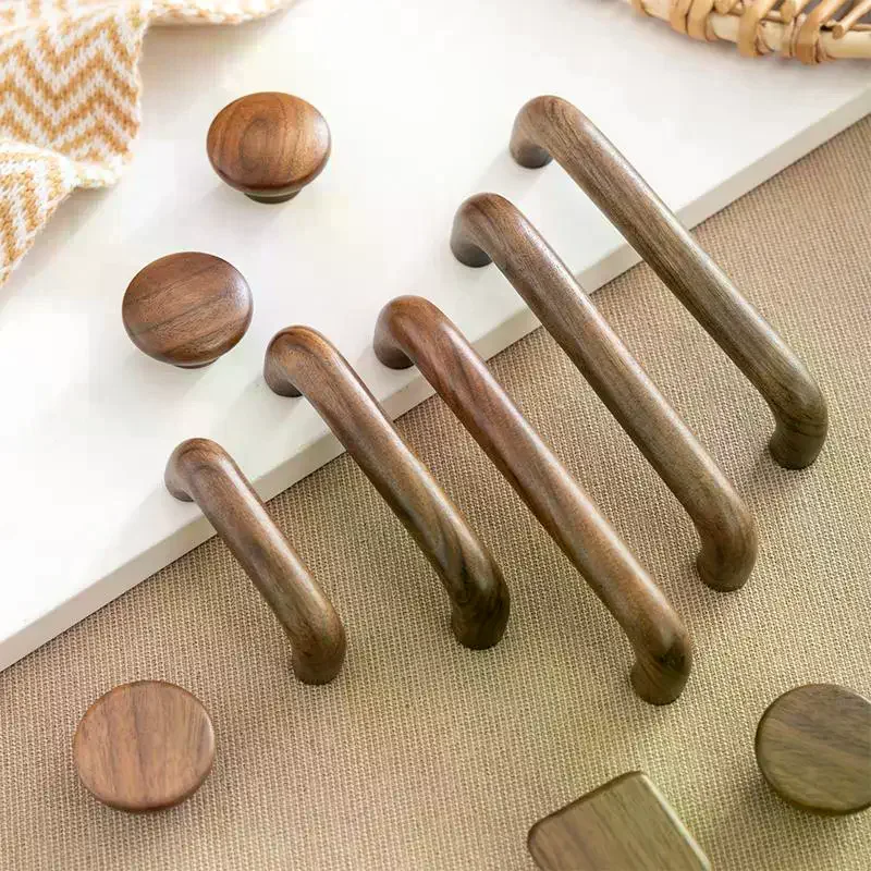 Wood Color Cabinet Doors Solid Wood Handles Beech & Black Walnut Drawer Wooden Door Handles For Kitchen Bathroom Natural