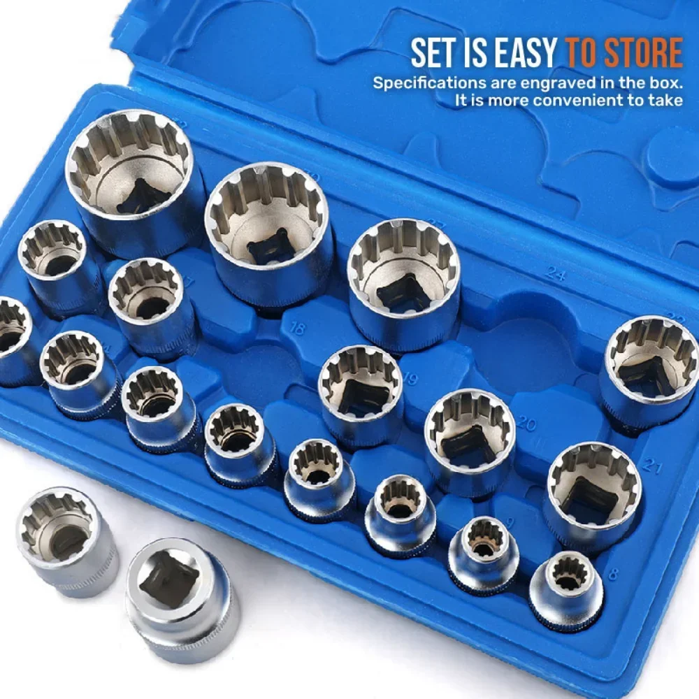 Multifunctional 19pc 12 Point Torx Socket Wrench Set Hex Torx Splined Bit Socket Set Hex Socket Repair Tool Kit Lock SocketCrv