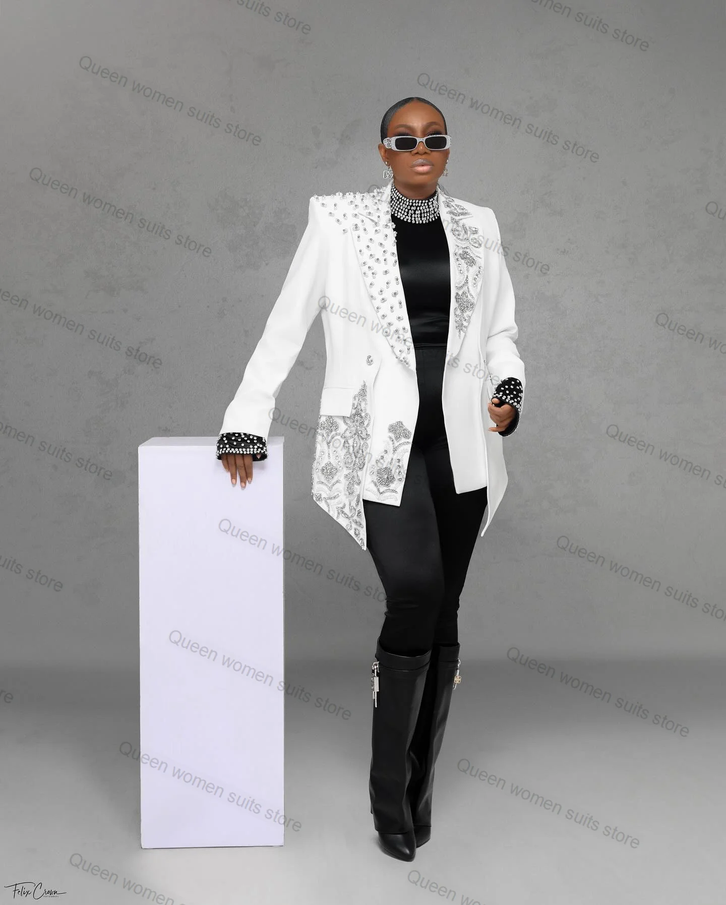 

Crystal White 2 Piece Women Suits Pants Set Blazer+Black Trouser Formal Office Lady Tailored Wedding Tuxedo Coat Prom Jacket