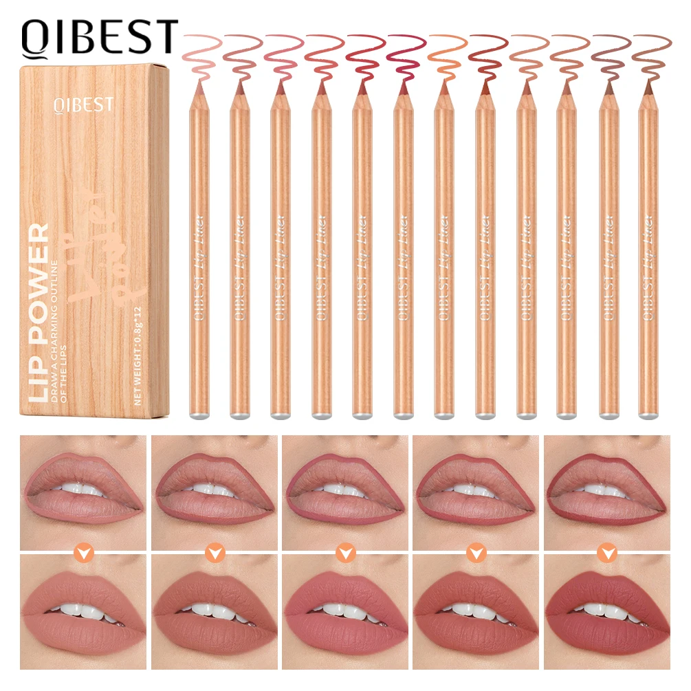 QIBEST Matte Lip Liner Pencil Long Lasting Non-Stick Cup Brown Red Velvet Lipstick Lip Liner Contour Lip Makeup Sets For Women