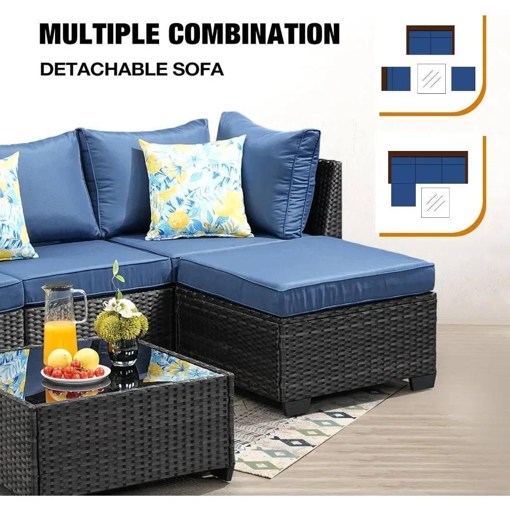 5 Pieces All-Weather Outdoor Wicker Sectional Sofa with Cushion, Glass Table and Ottoman for Porch, Poolside