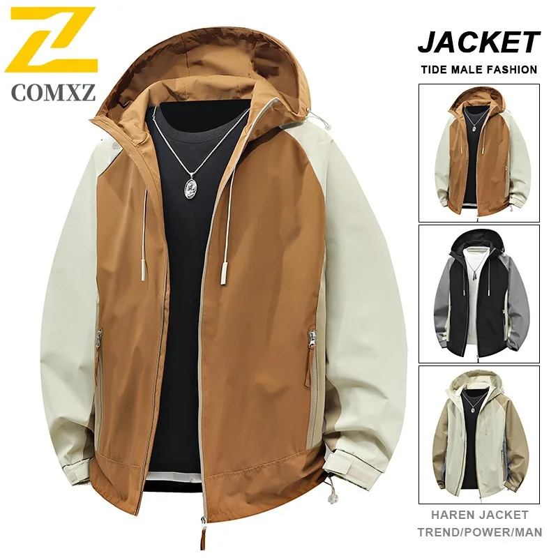 

COMXZ 2025 весенняя куртка больших размеров M 8XL с капюшоном, мужская свободная рабочая одежда, водонепроницаемое ветрозащитное уличное модное пальто