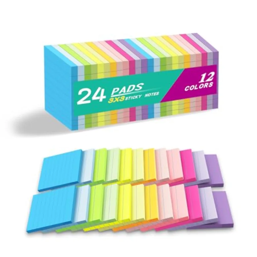 

Pack Lined Sticky Notes 3x3 in, Notepads with Lines, Ruled Stickies Super Sticking Power, Office School Memo Note Pads Bright C