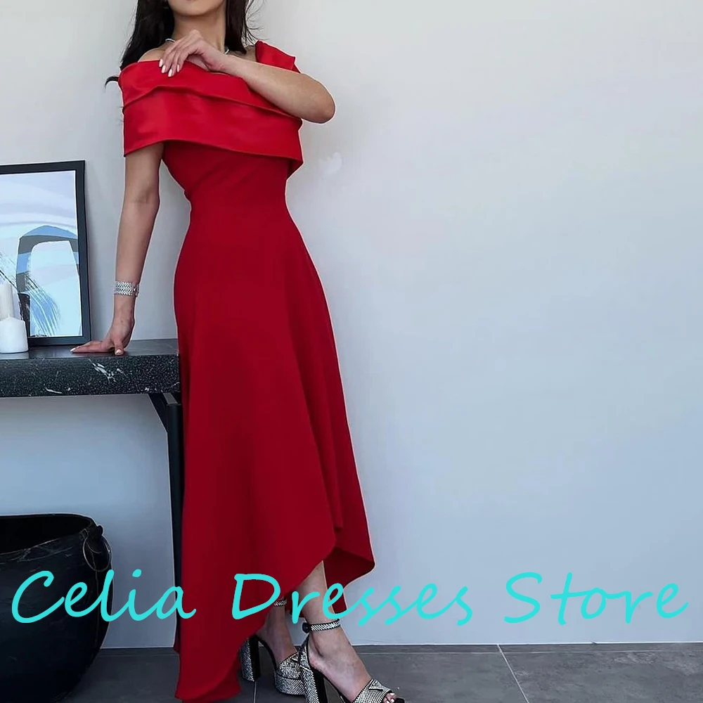 Classic High-Low Off the Shoulder Red Jersey Evening Dress Tea Length Sleeveless Simple Pleat Bespoke Occasion Gown Saudi Arabia