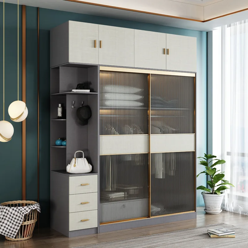 Light luxury glass door wardrobe sliding door modern simple household bedroom cabinet Nordic combination wardrobe